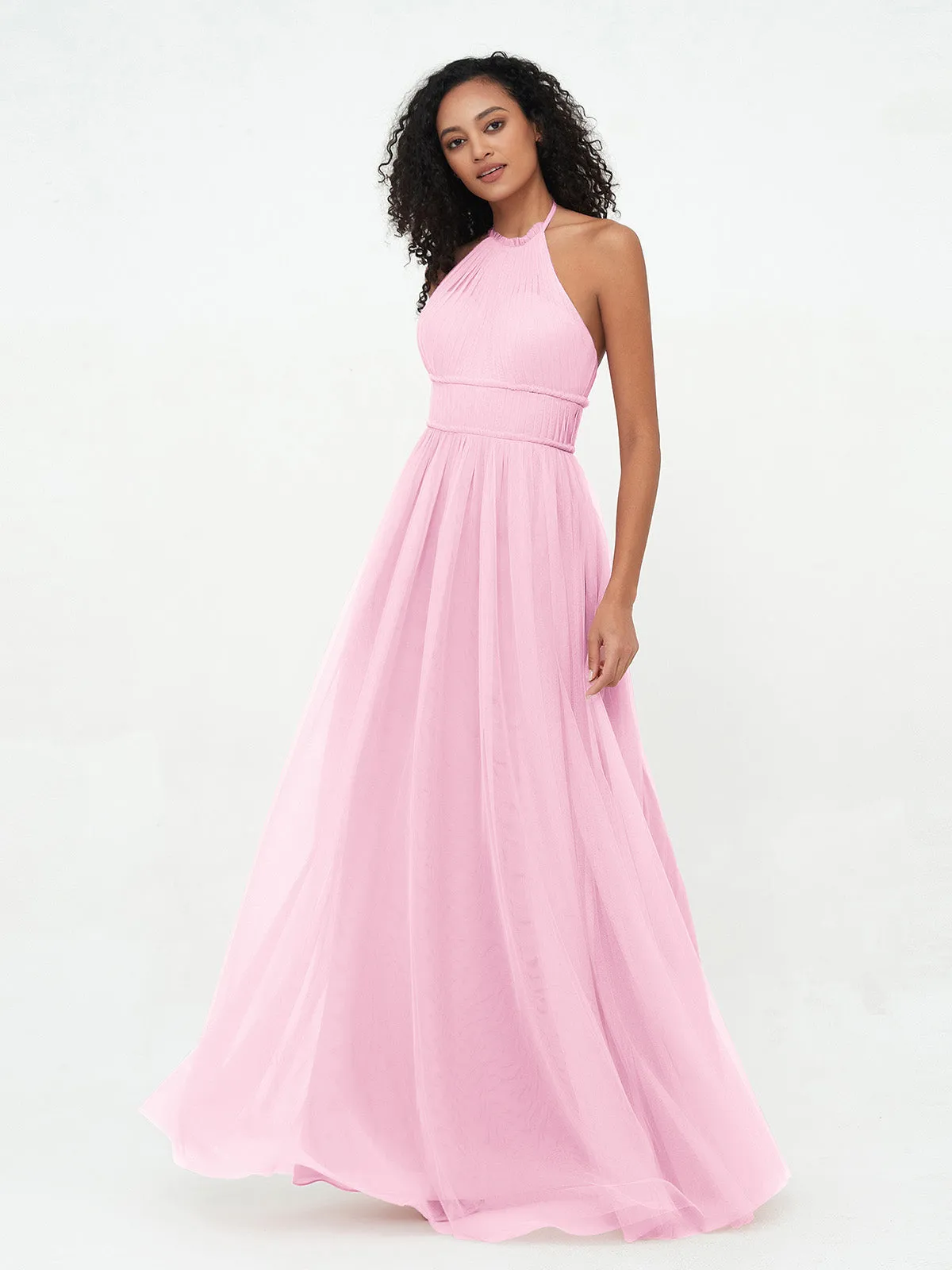 Illusion Halter Tulle Maxi Boho Dresses-Candy Pink Plus Size