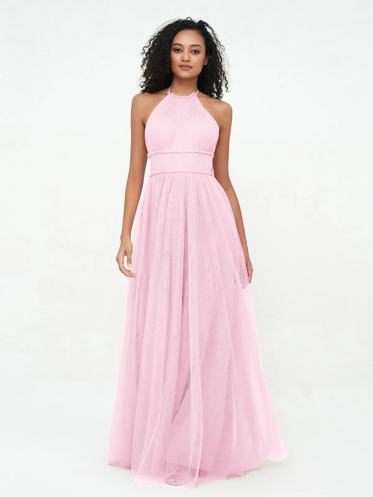 Illusion Halter Tulle Maxi Boho Dresses-Candy Pink Plus Size