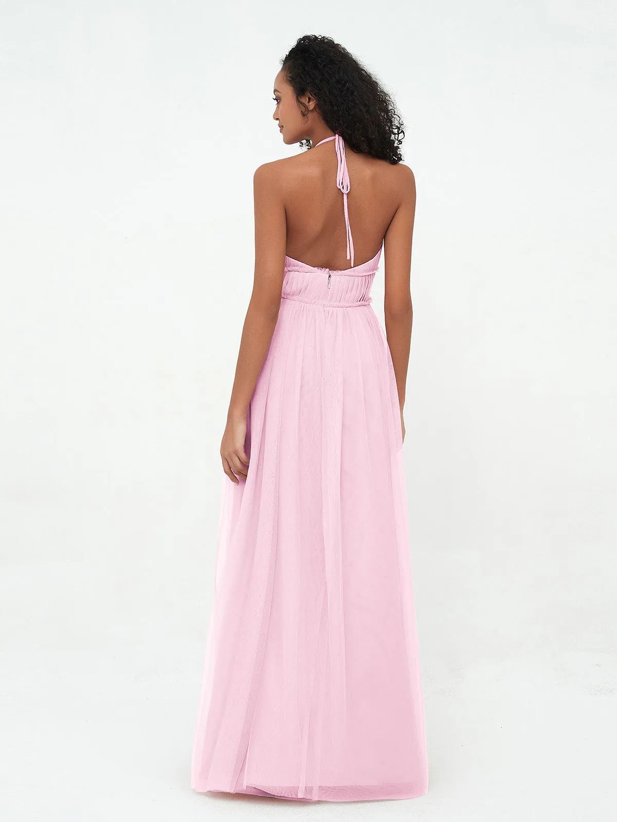 Illusion Halter Tulle Maxi Boho Dresses-Candy Pink Plus Size