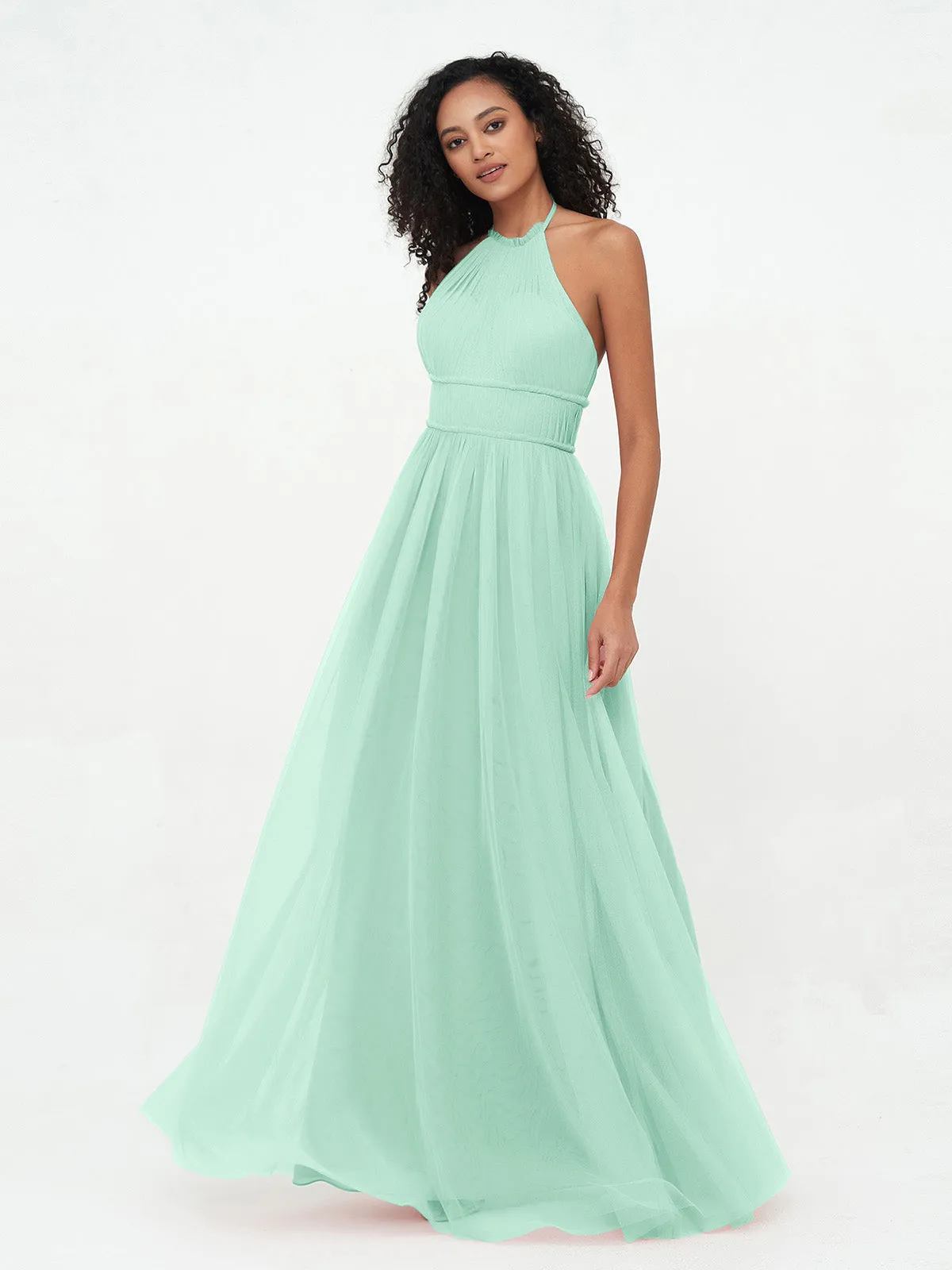 Illusion Halter Tulle Maxi Boho Dresses-Mint Green Plus Size