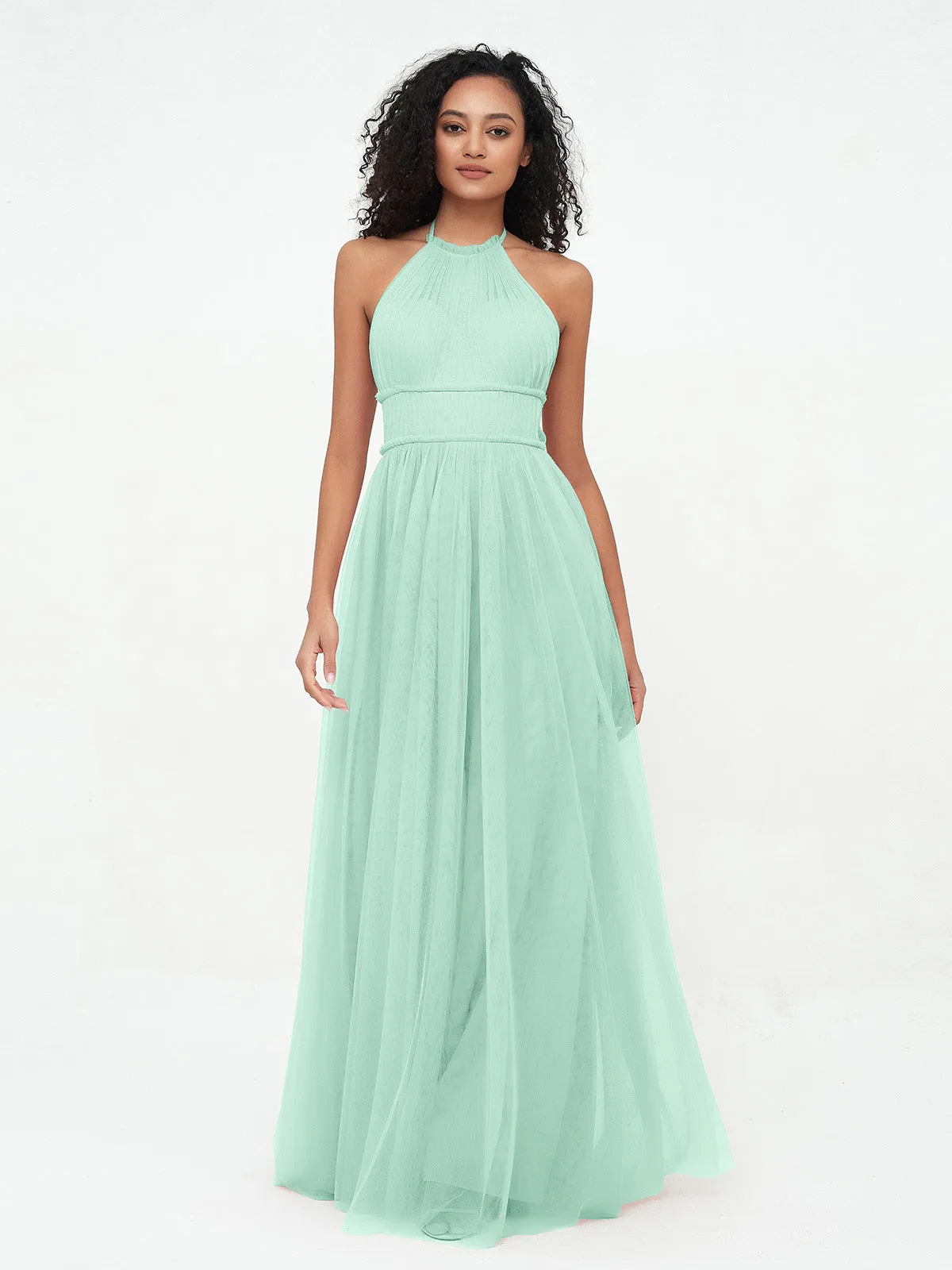 Illusion Halter Tulle Maxi Boho Dresses-Mint Green Plus Size