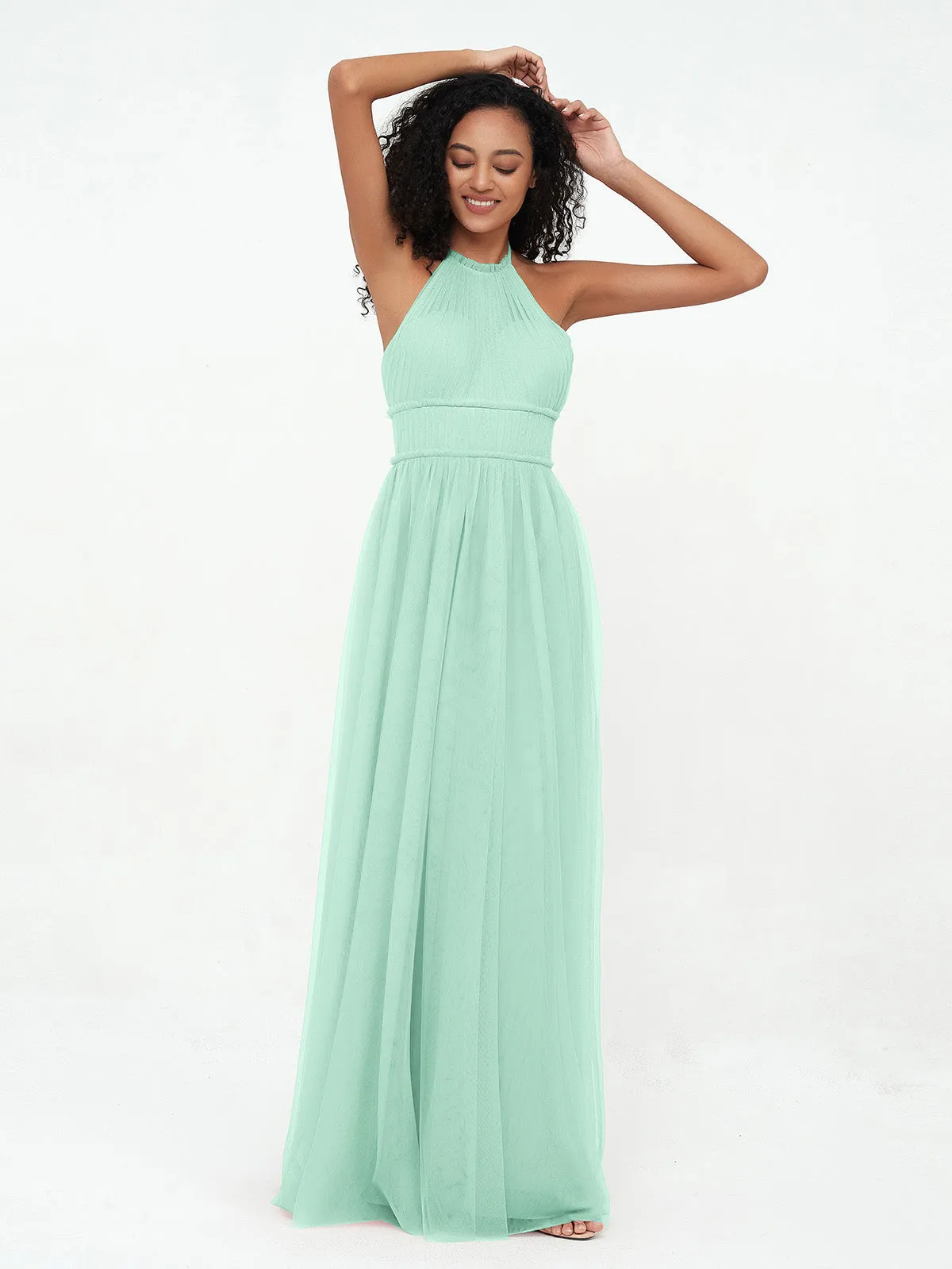 Illusion Halter Tulle Maxi Boho Dresses-Mint Green Plus Size