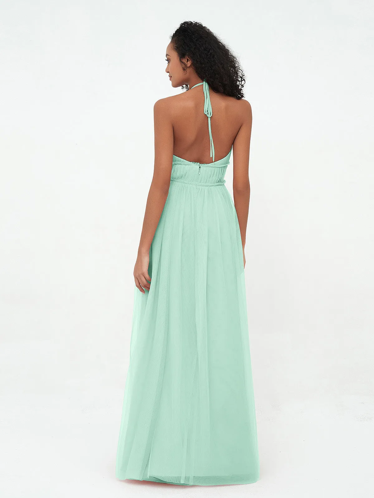 Illusion Halter Tulle Maxi Boho Dresses-Mint Green Plus Size