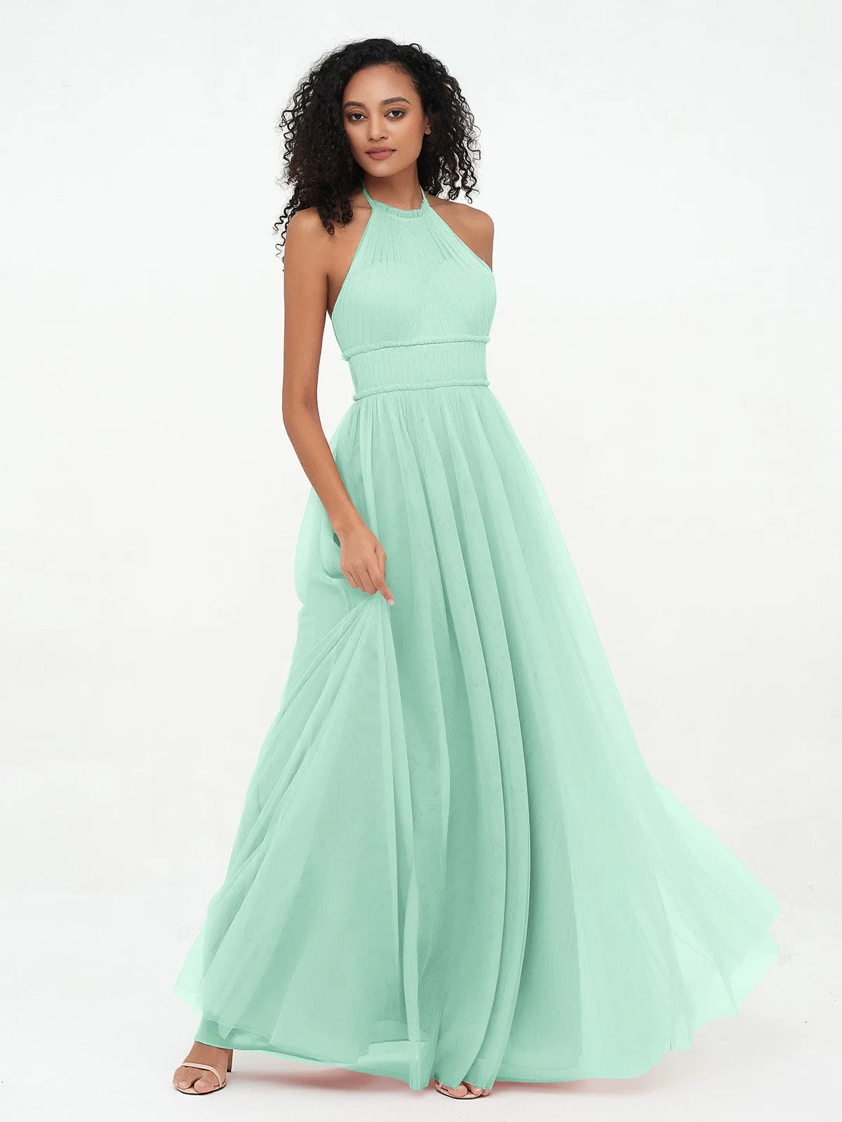 Illusion Halter Tulle Maxi Boho Dresses-Mint Green Plus Size