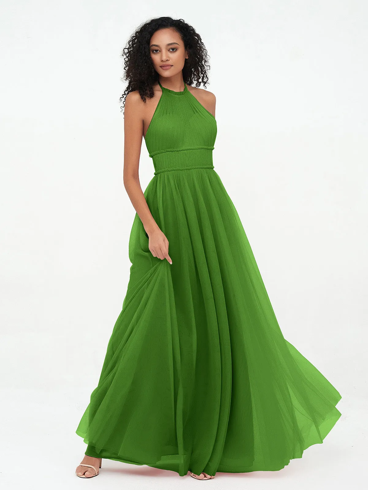 Illusion Halter Tulle Maxi Boho Dresses-Moss