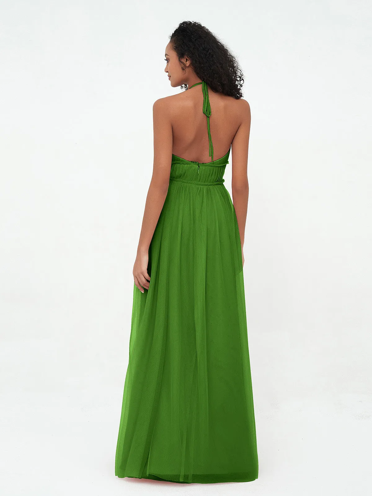 Illusion Halter Tulle Maxi Boho Dresses-Moss