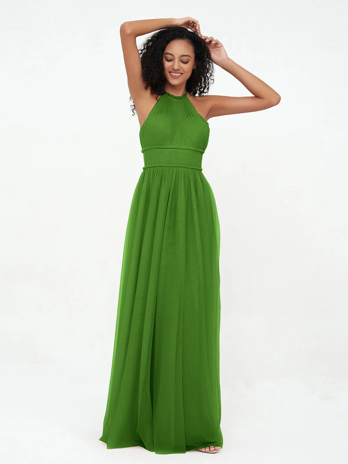 Illusion Halter Tulle Maxi Boho Dresses-Moss