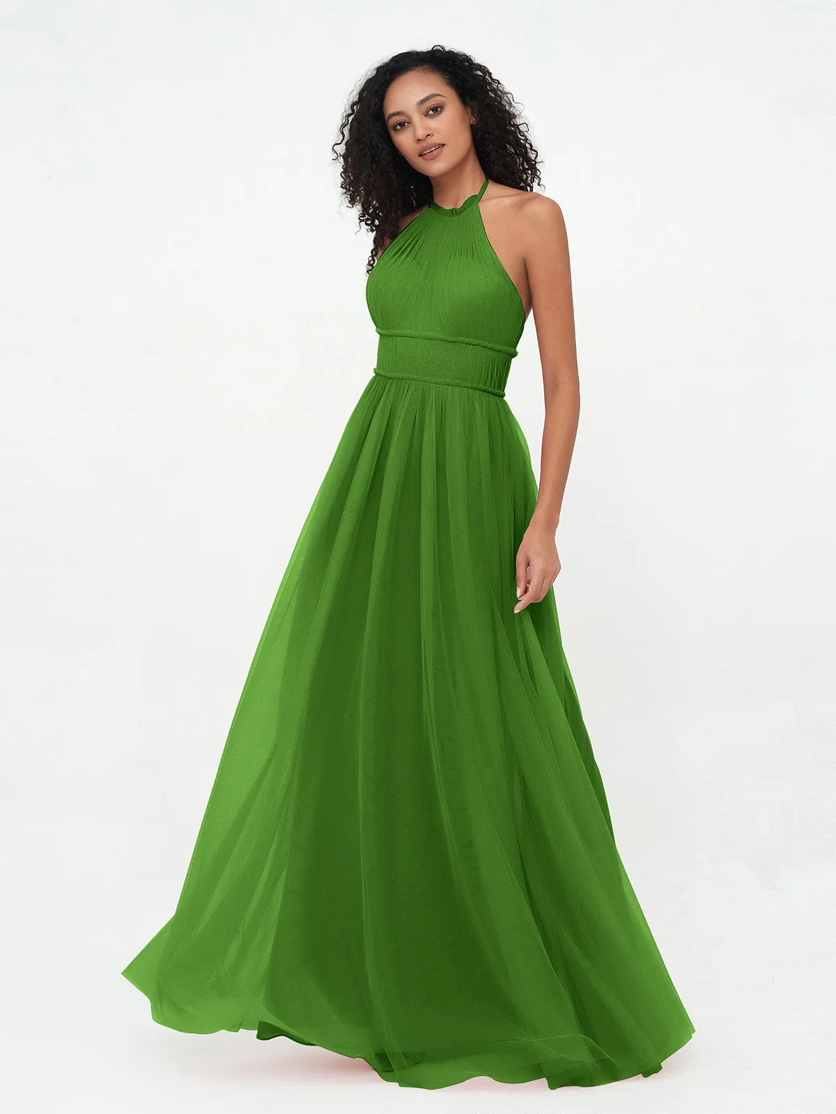 Illusion Halter Tulle Maxi Boho Dresses-Moss