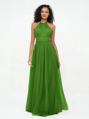 Illusion Halter Tulle Maxi Boho Dresses-Moss