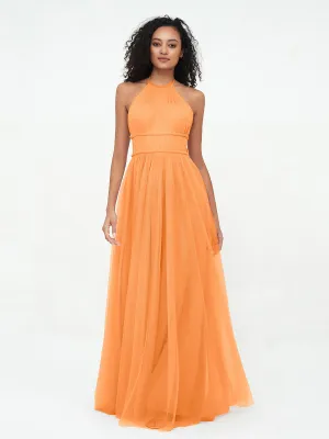 Illusion Halter Tulle Maxi Boho Dresses-Orange Plus Size