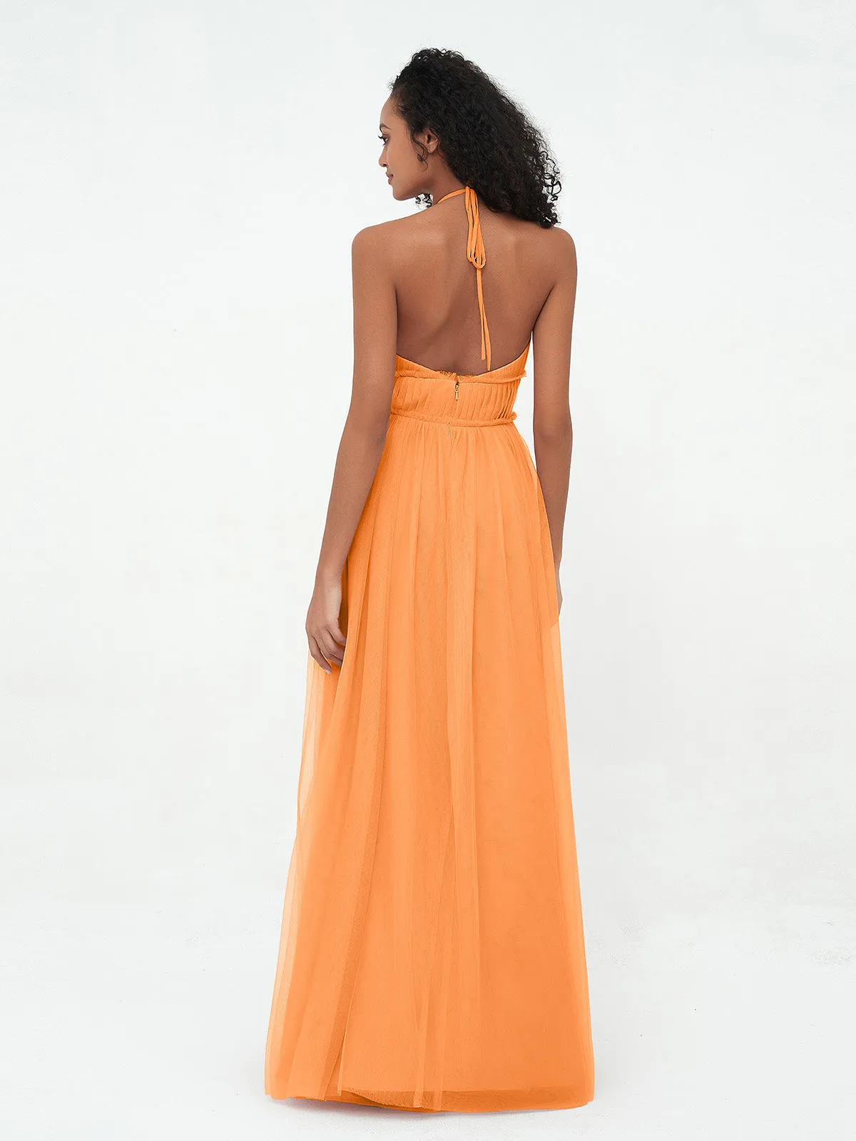 Illusion Halter Tulle Maxi Boho Dresses-Orange Plus Size