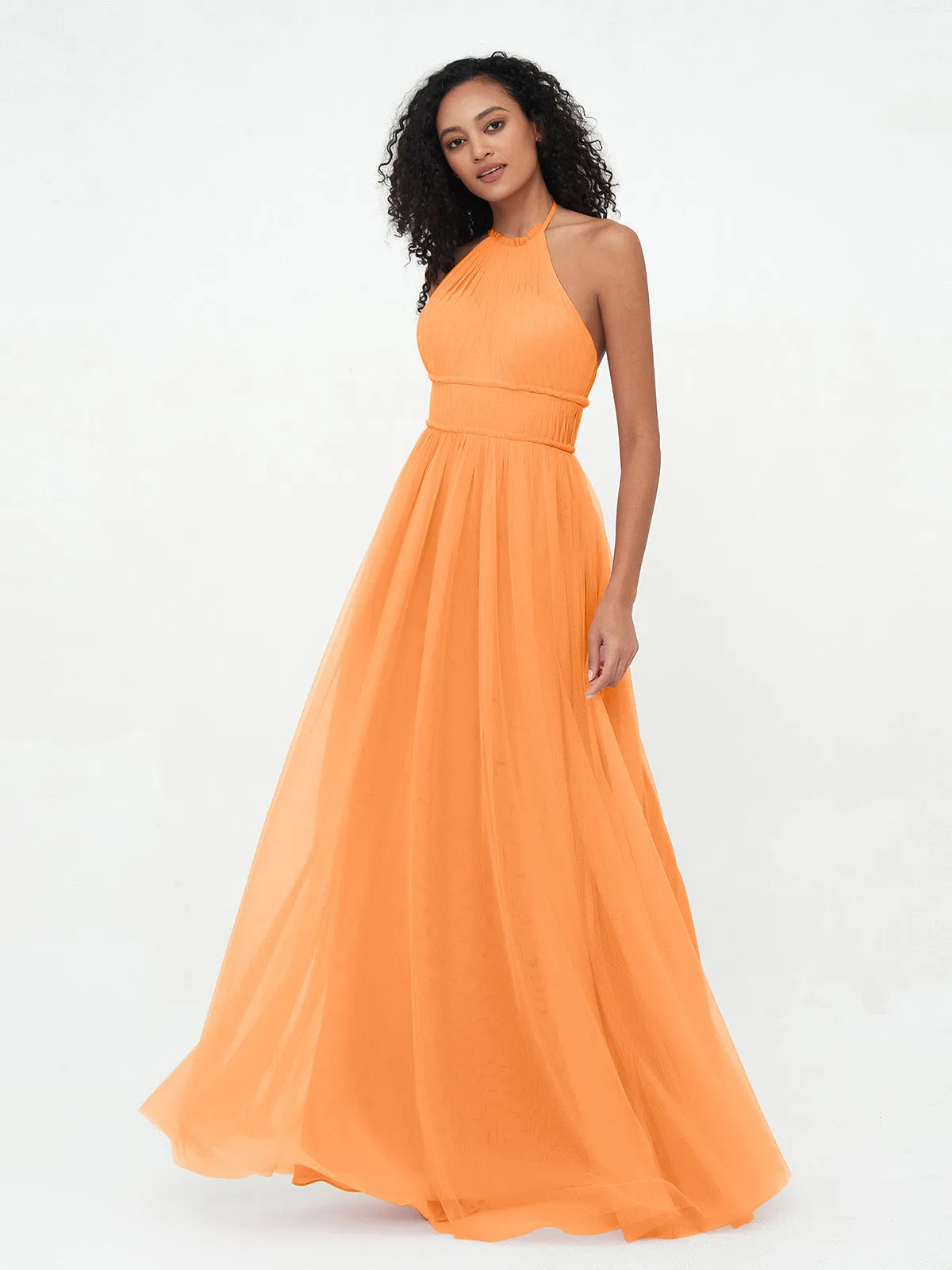 Illusion Halter Tulle Maxi Boho Dresses-Orange Plus Size