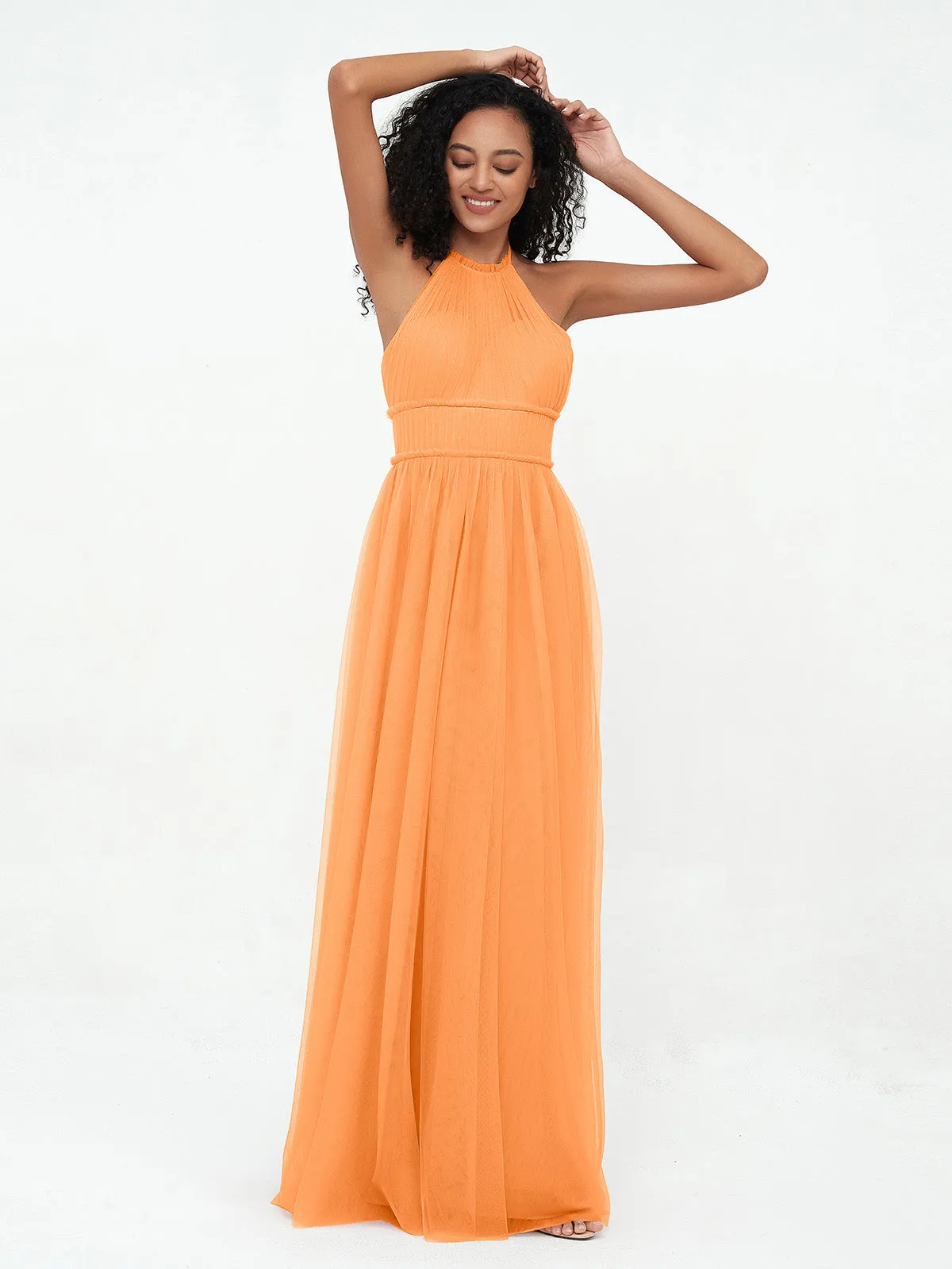 Illusion Halter Tulle Maxi Boho Dresses-Orange Plus Size