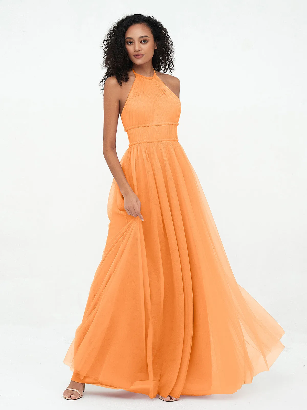 Illusion Halter Tulle Maxi Boho Dresses-Orange Plus Size