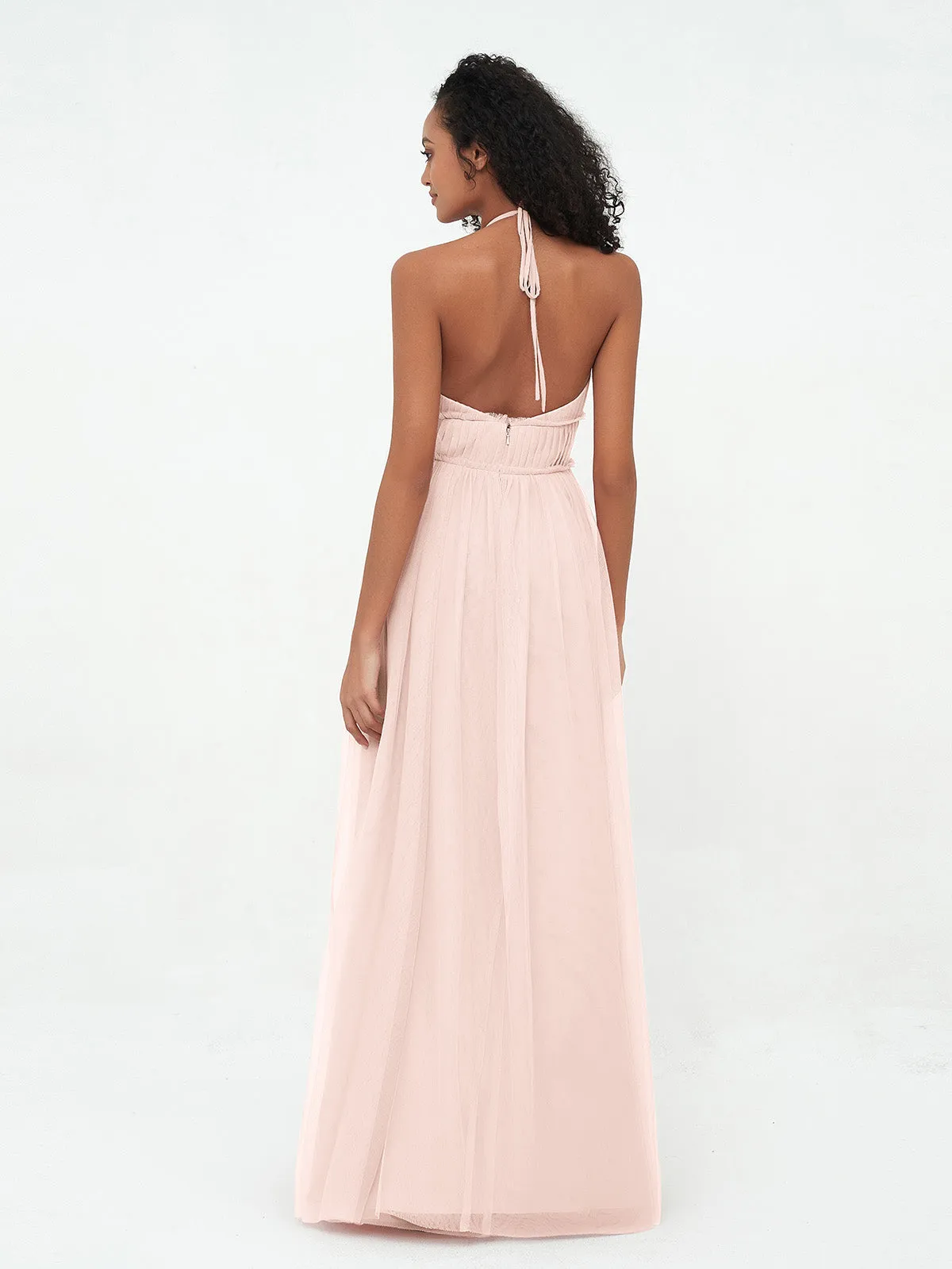 Illusion Halter Tulle Maxi Boho Dresses-Pearl Pink