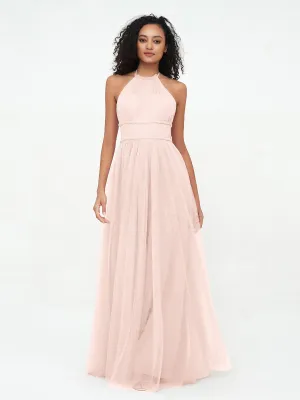 Illusion Halter Tulle Maxi Boho Dresses-Pearl Pink