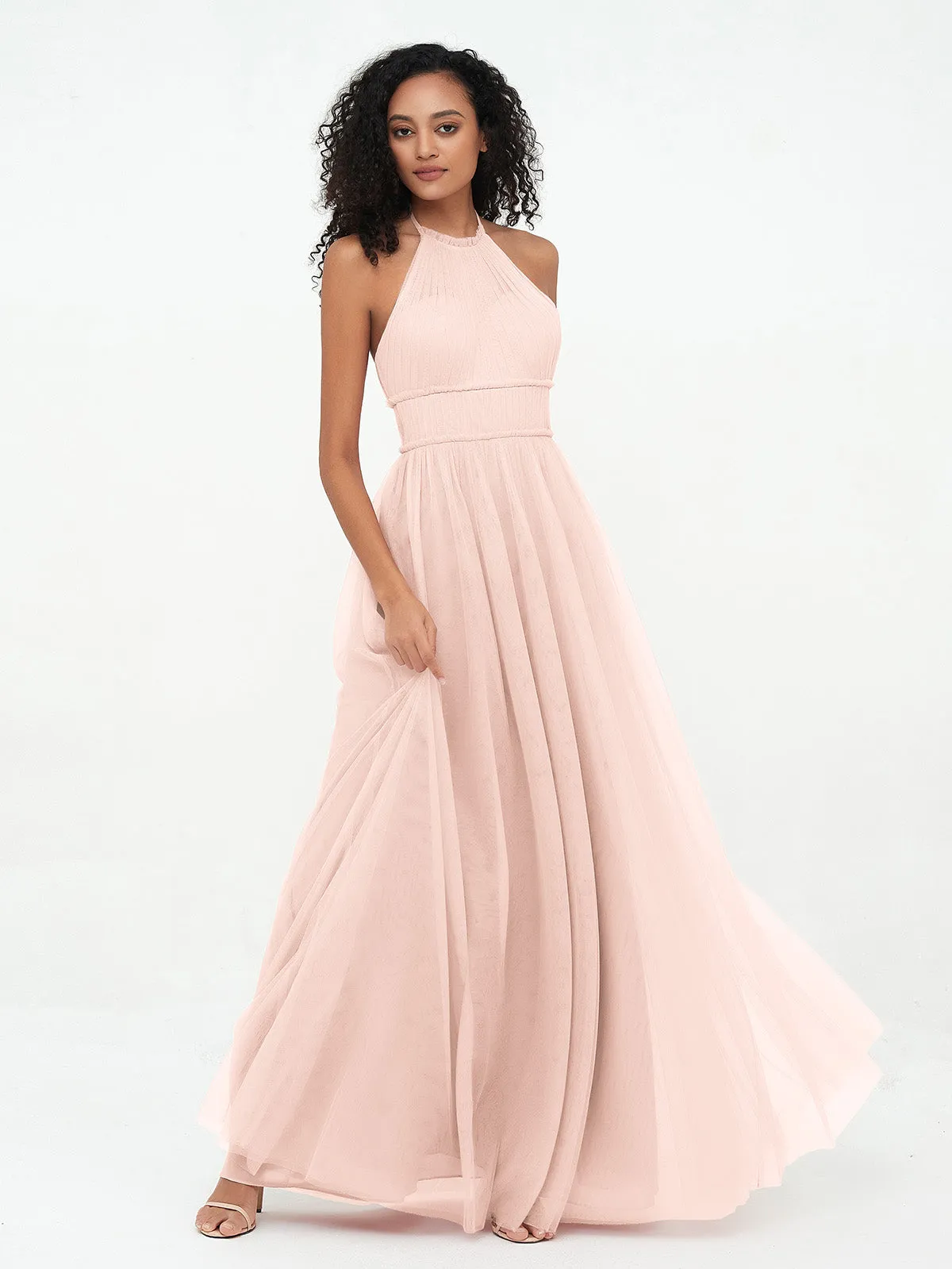 Illusion Halter Tulle Maxi Boho Dresses-Pearl Pink