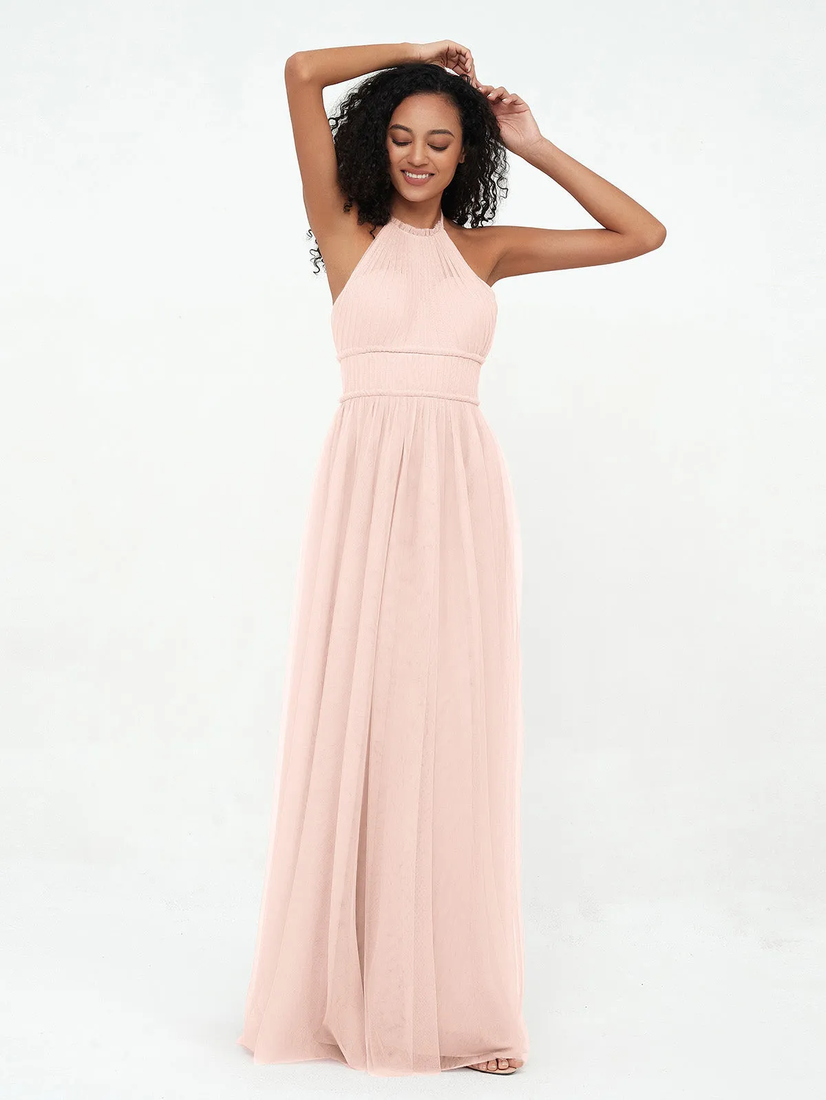 Illusion Halter Tulle Maxi Boho Dresses-Pearl Pink