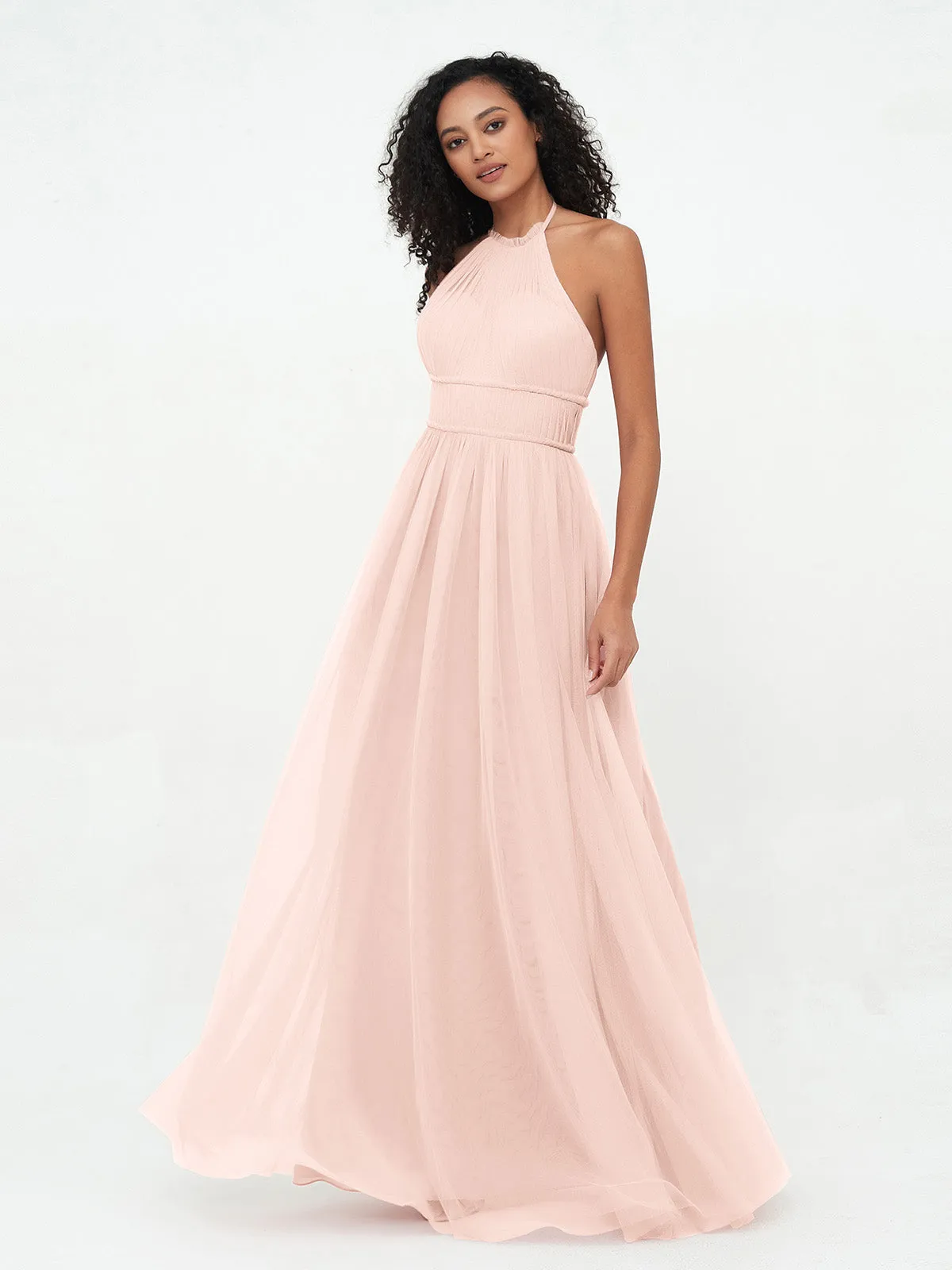 Illusion Halter Tulle Maxi Boho Dresses-Pearl Pink