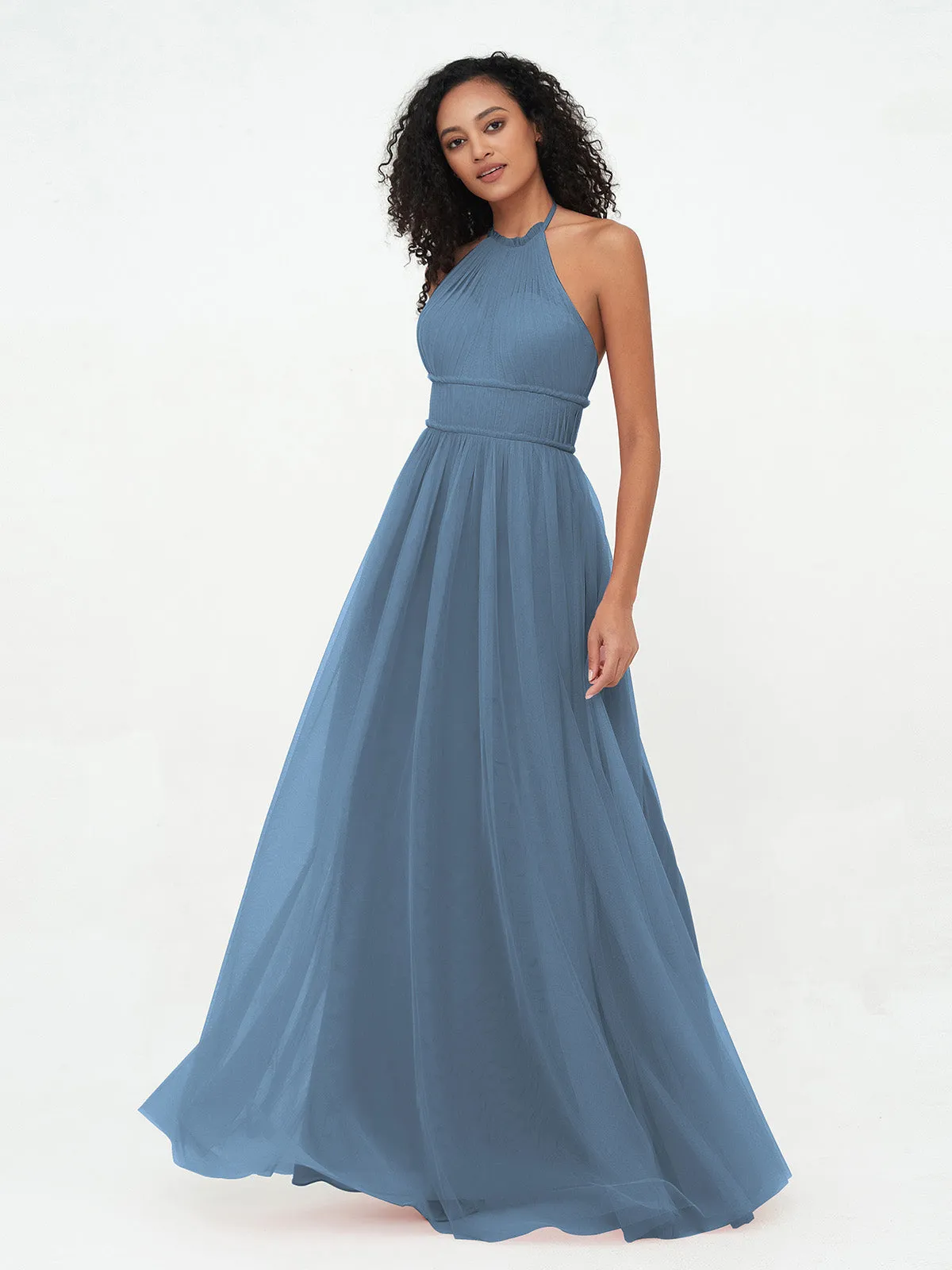 Illusion Halter Tulle Maxi Boho Dresses-Slate Blue Plus Size