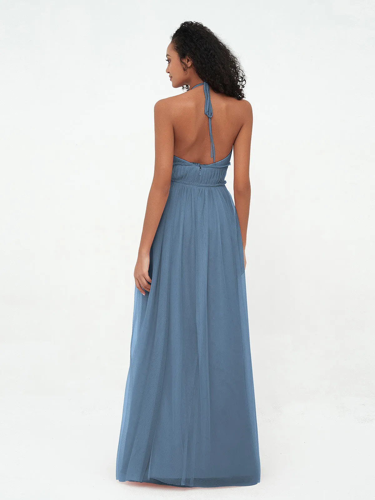 Illusion Halter Tulle Maxi Boho Dresses-Slate Blue Plus Size