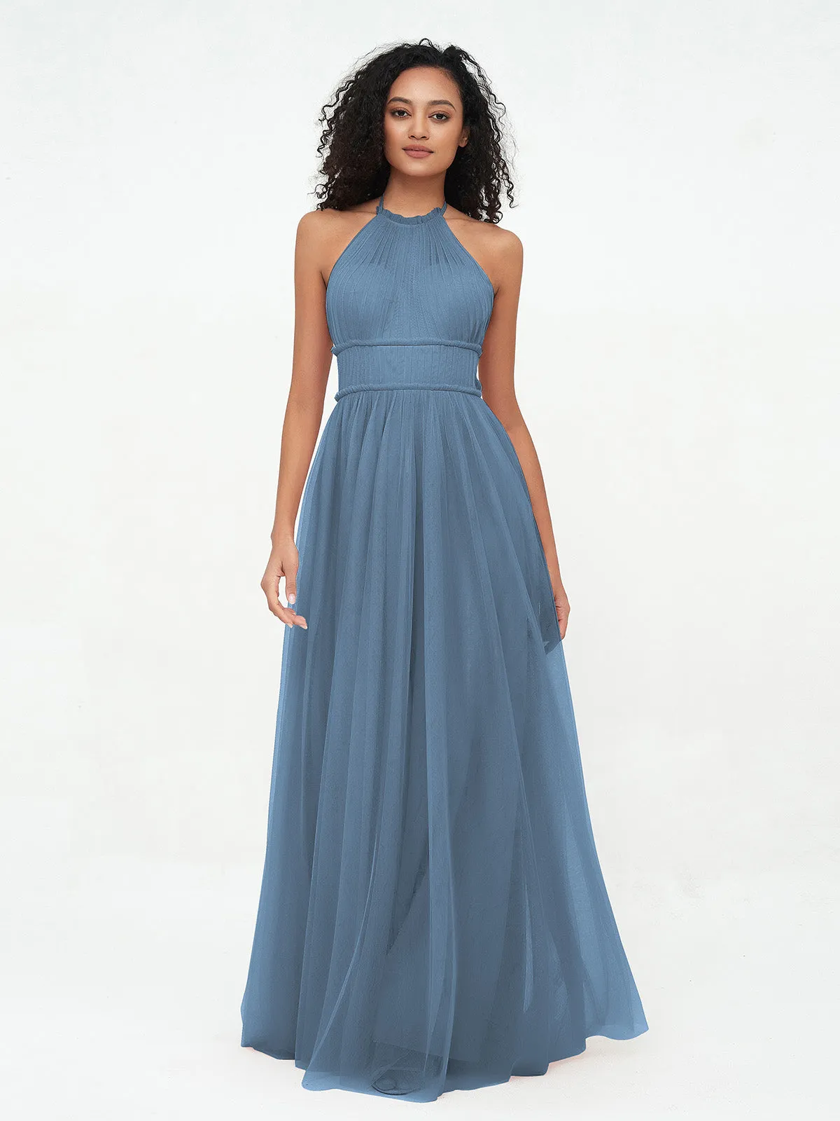 Illusion Halter Tulle Maxi Boho Dresses-Slate Blue Plus Size