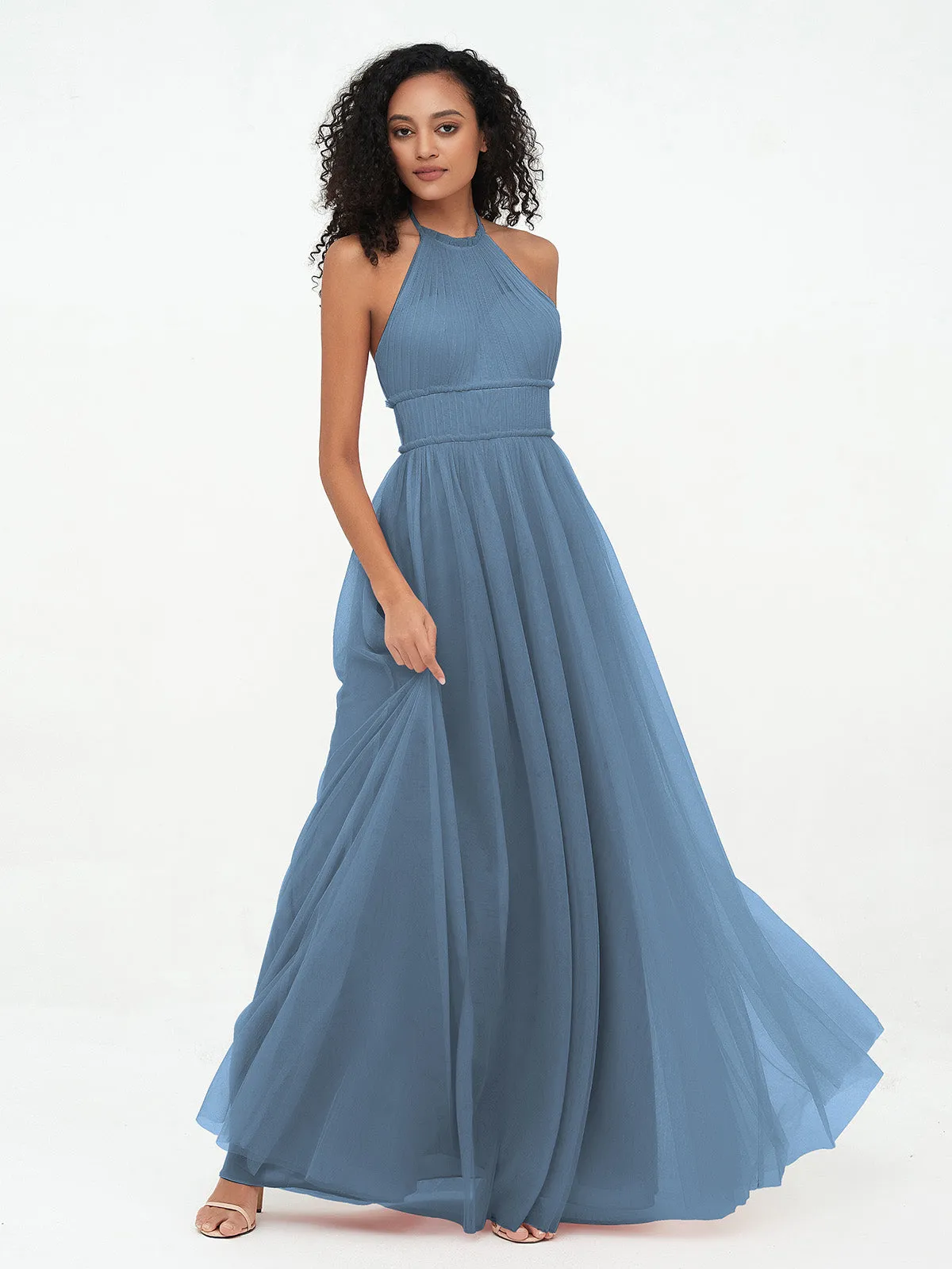 Illusion Halter Tulle Maxi Boho Dresses-Slate Blue Plus Size