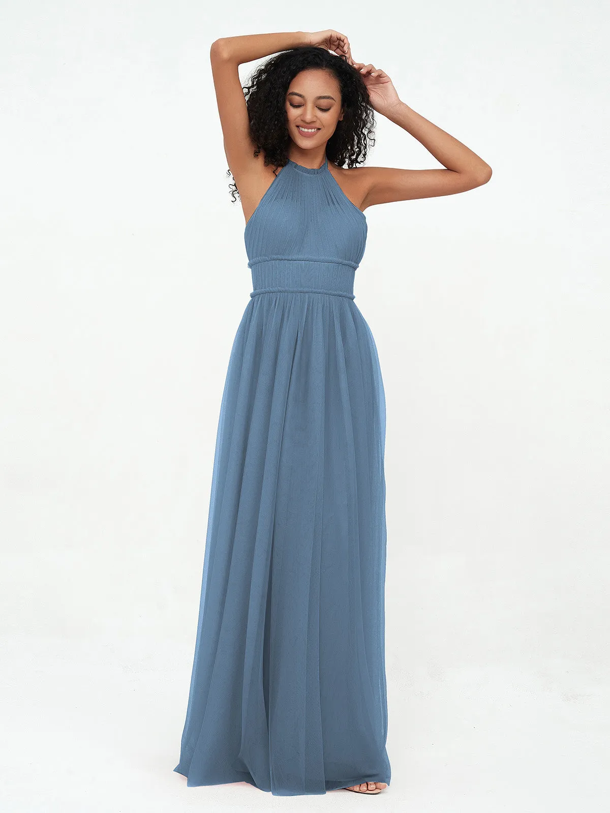 Illusion Halter Tulle Maxi Boho Dresses-Slate Blue Plus Size