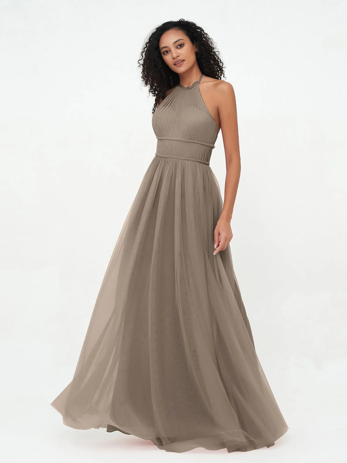 Illusion Halter Tulle Maxi Boho Dresses-Taupe Plus Size