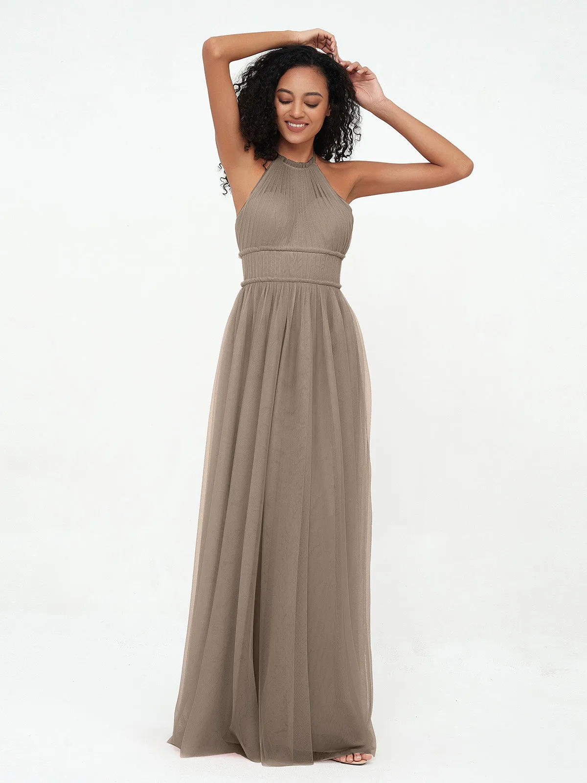 Illusion Halter Tulle Maxi Boho Dresses-Taupe Plus Size