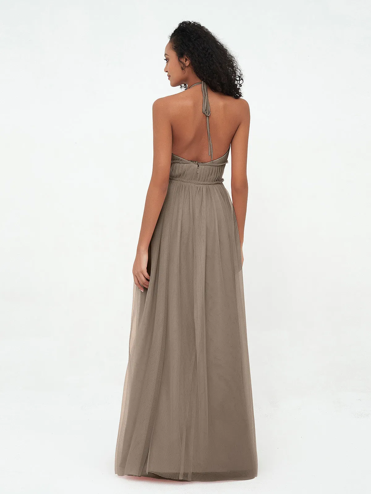 Illusion Halter Tulle Maxi Boho Dresses-Taupe Plus Size