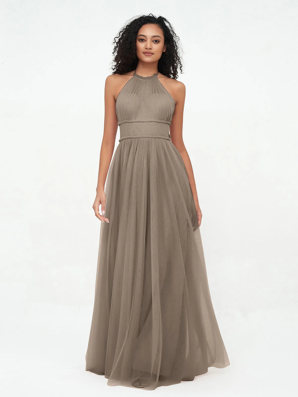 Illusion Halter Tulle Maxi Boho Dresses-Taupe Plus Size