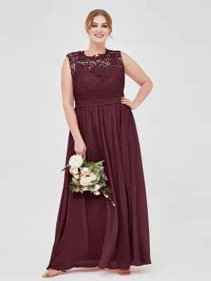 Illusion Neck Chiffon and Lace Dresses Cabernet