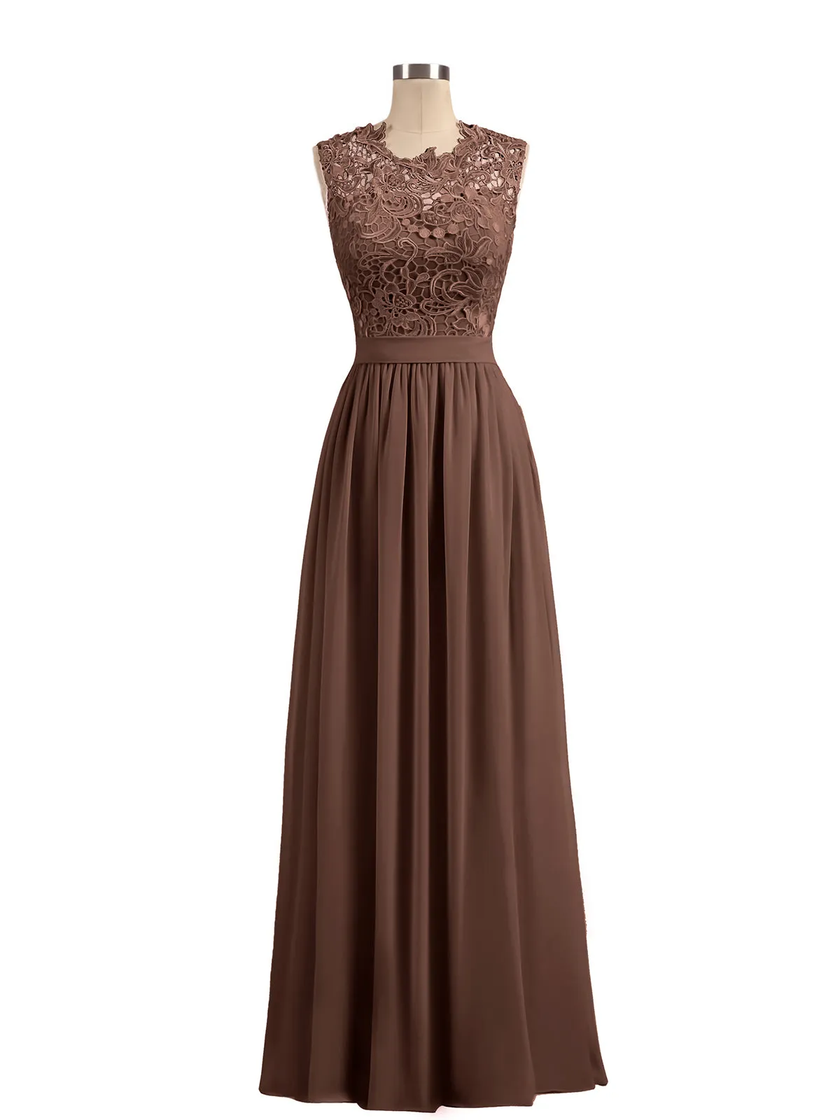 Illusion Neck Chiffon and Lace Dresses Chocolate