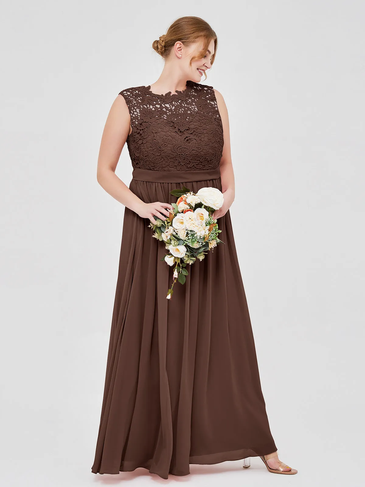 Illusion Neck Chiffon and Lace Dresses Chocolate