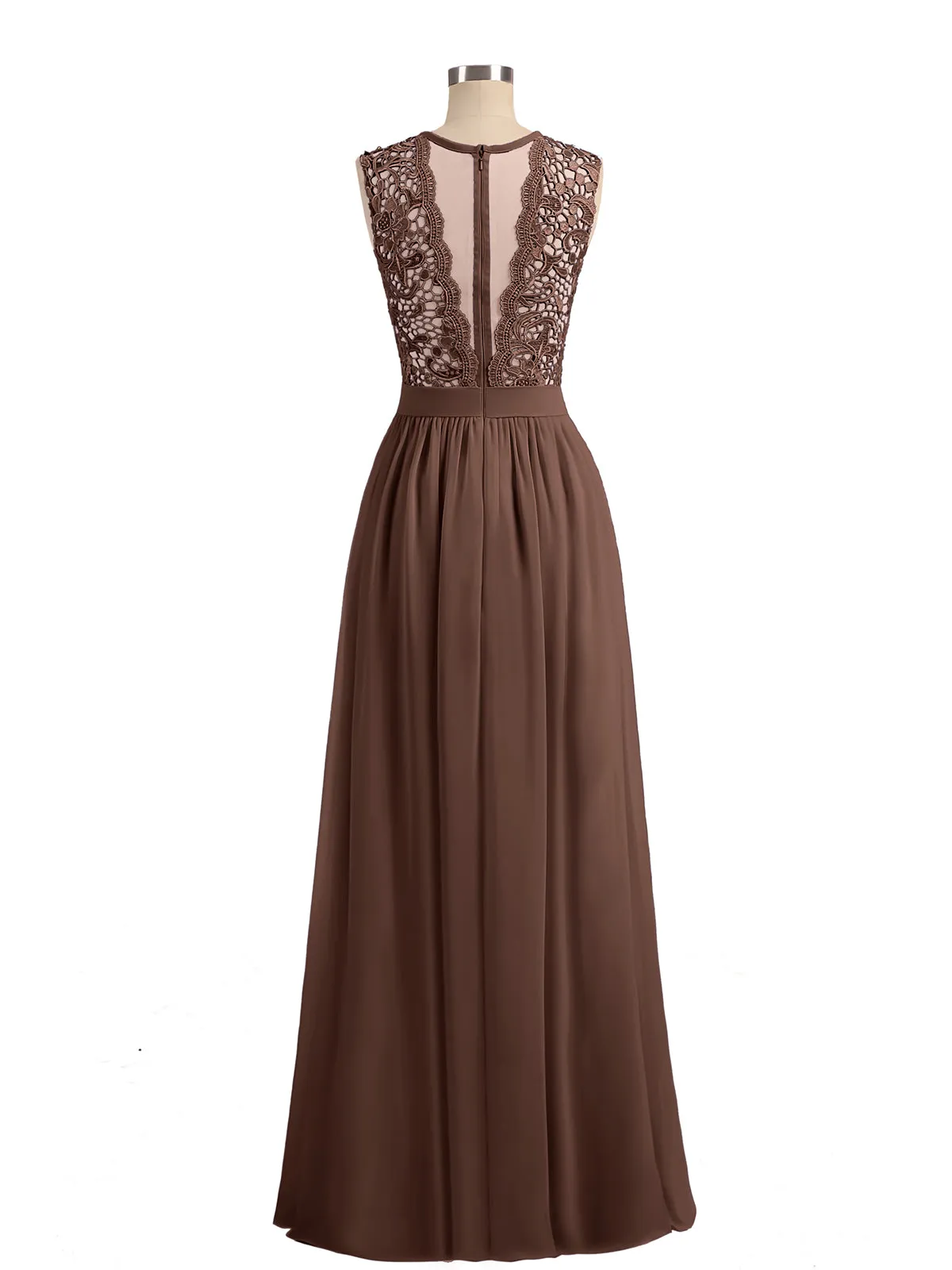 Illusion Neck Chiffon and Lace Dresses Chocolate