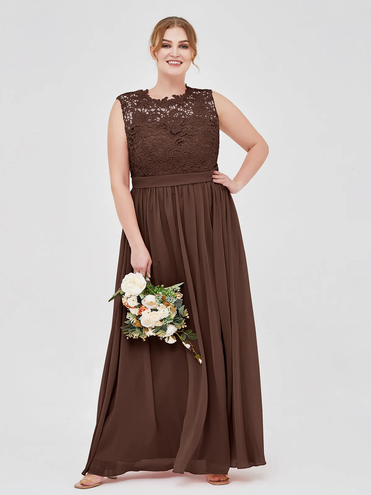 Illusion Neck Chiffon and Lace Dresses Chocolate