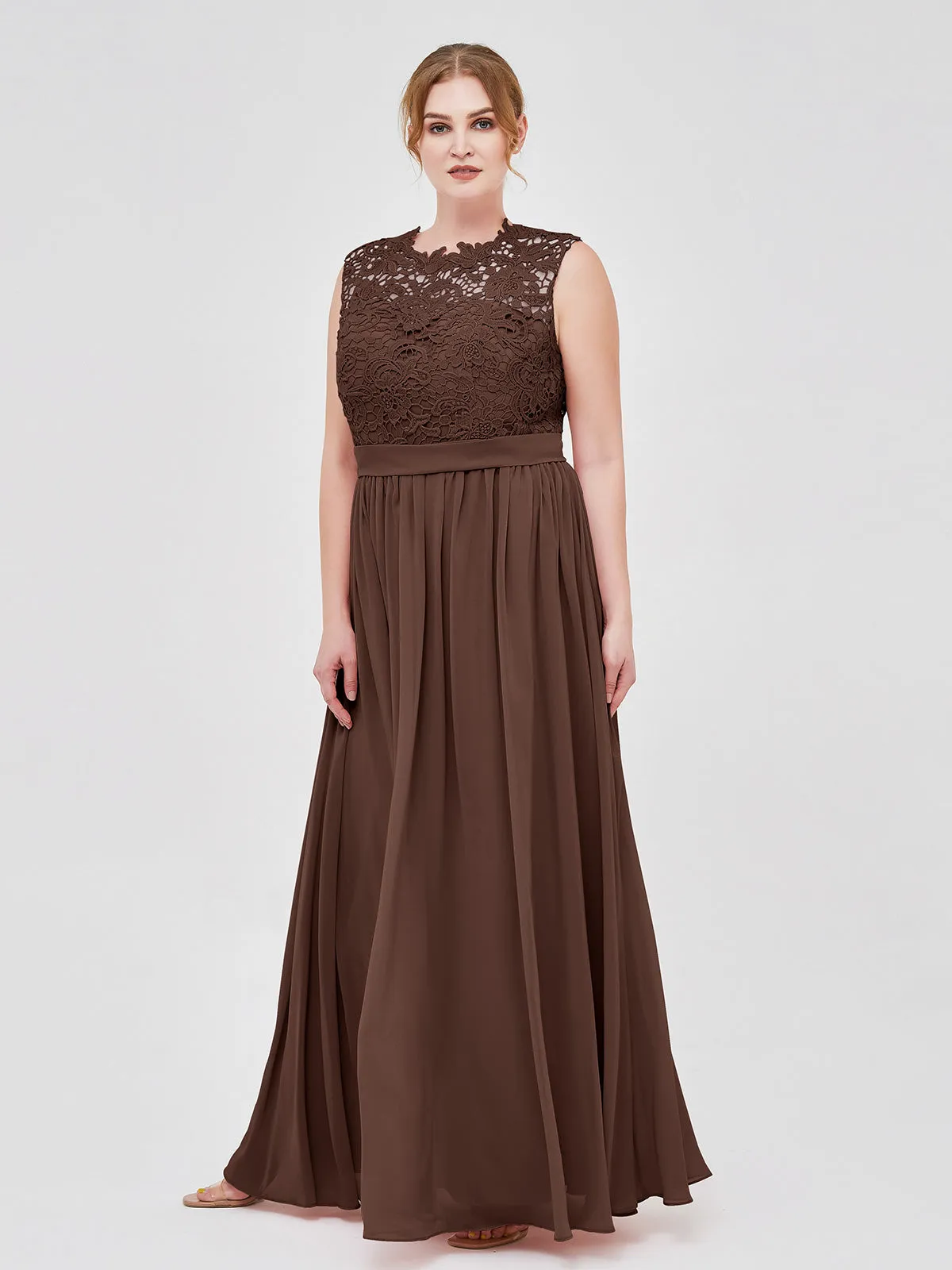 Illusion Neck Chiffon and Lace Dresses Chocolate