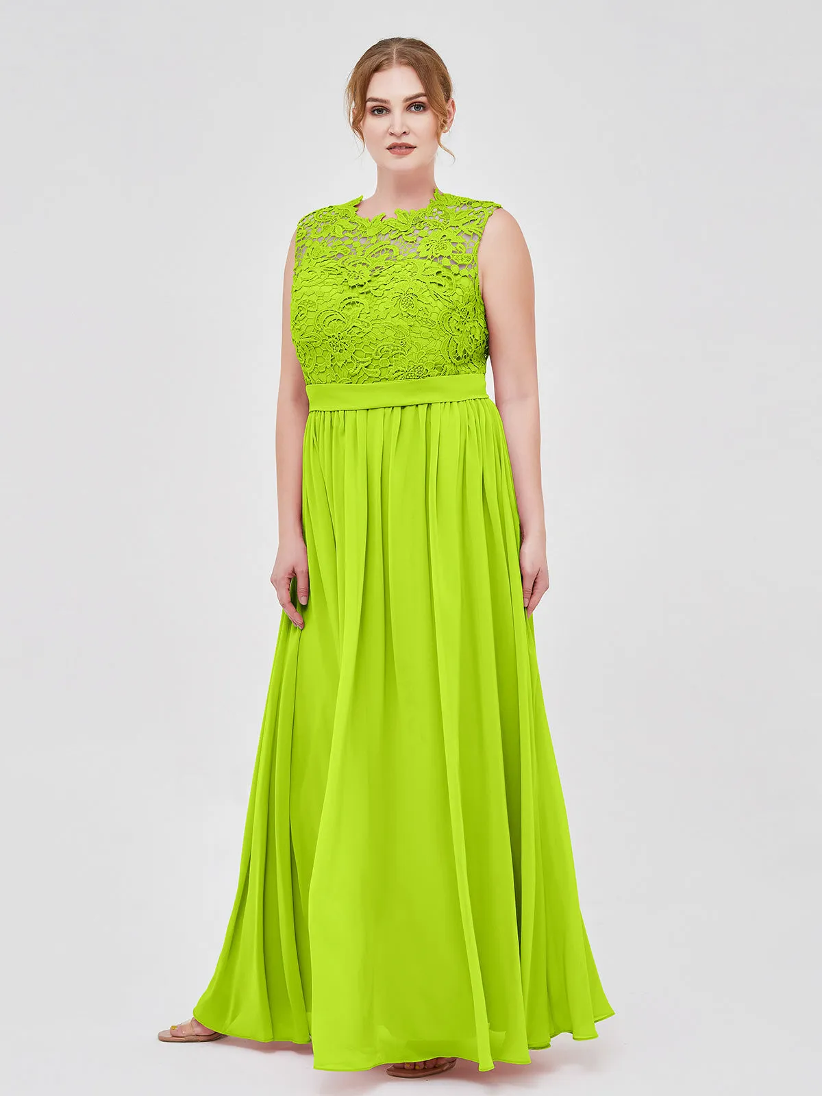 Illusion Neck Chiffon and Lace Dresses Lime Green