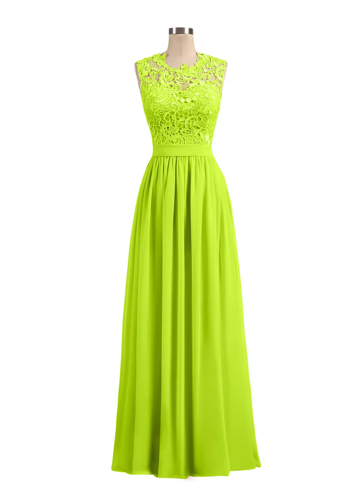 Illusion Neck Chiffon and Lace Dresses Lime Green