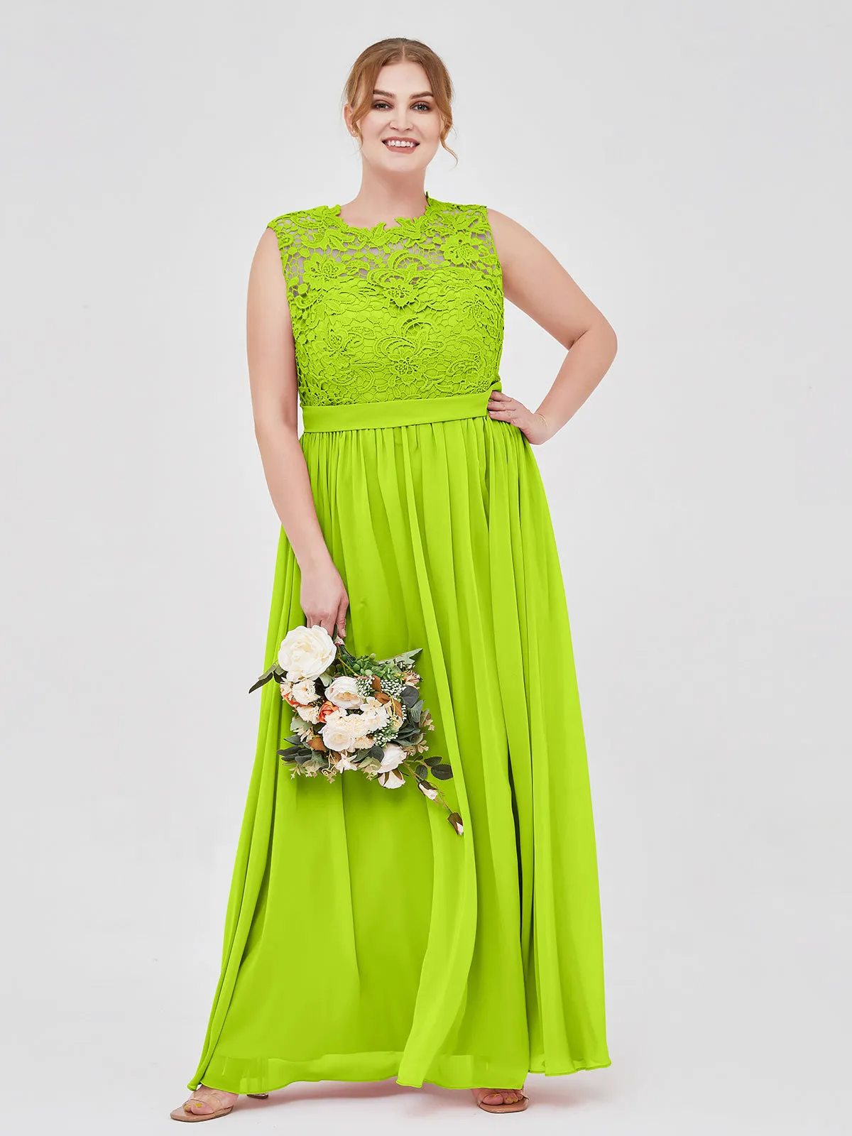 Illusion Neck Chiffon and Lace Dresses Lime Green