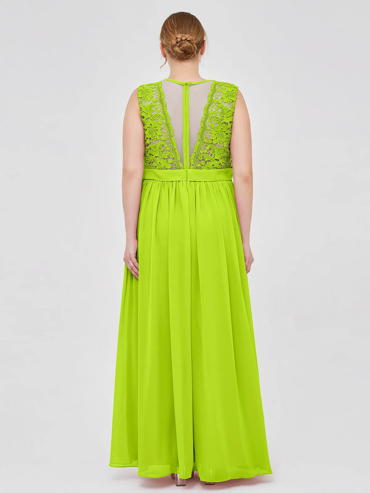 Illusion Neck Chiffon and Lace Dresses Lime Green