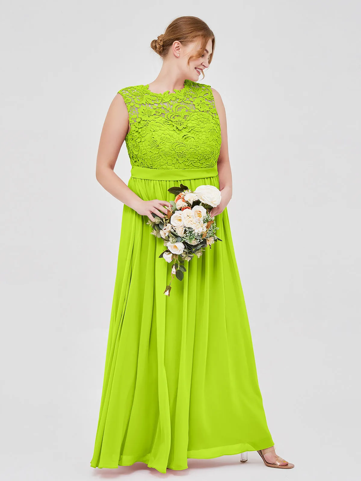 Illusion Neck Chiffon and Lace Dresses Lime Green