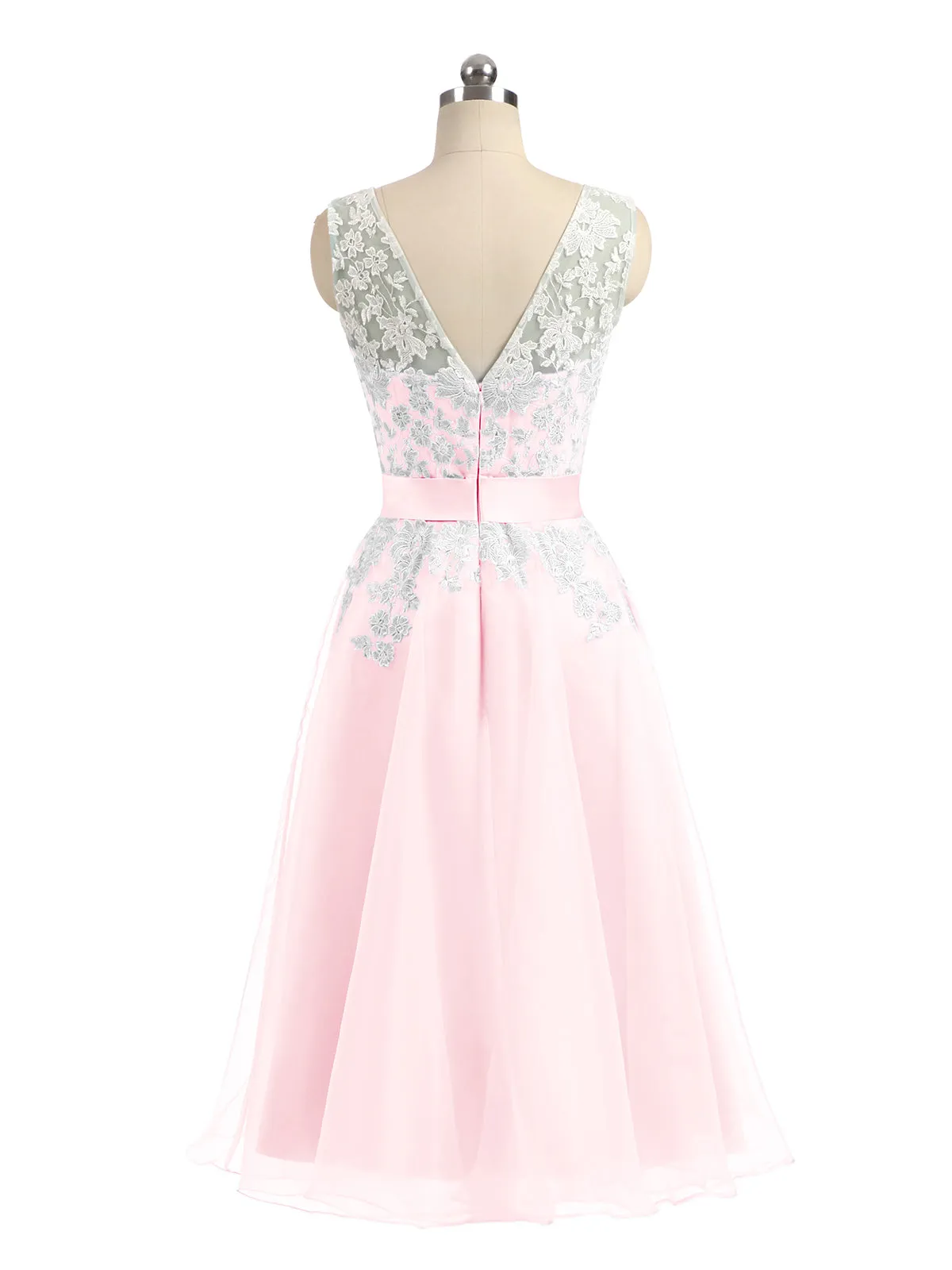 Illusion Neck Organza with Ivory Lace Appliqued Blushing Pink