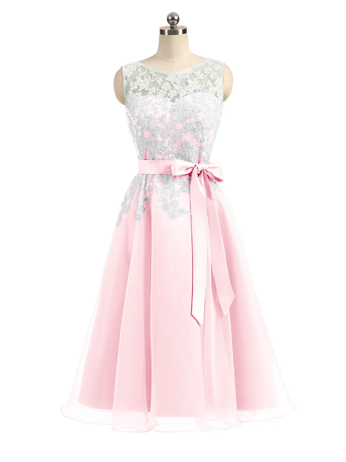 Illusion Neck Organza with Ivory Lace Appliqued Blushing Pink