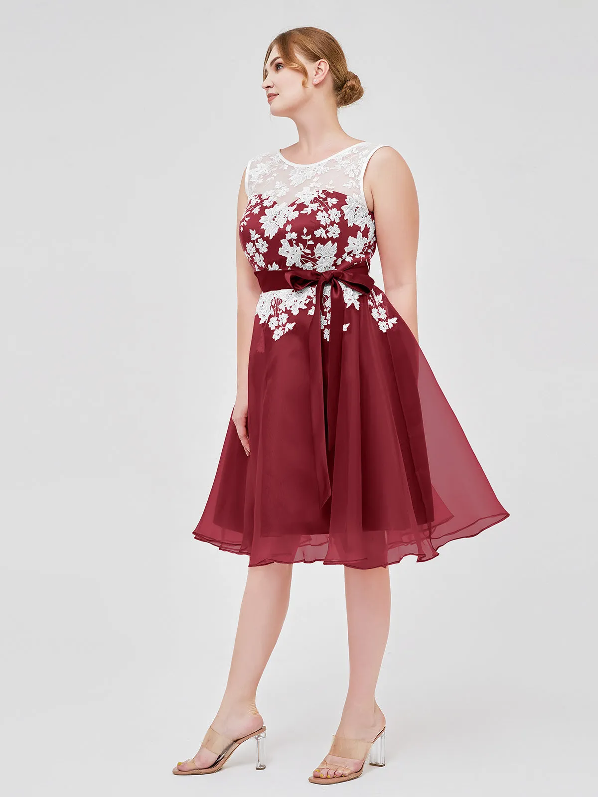 Illusion Neck Organza with Ivory Lace Appliqued Burgundy Plus Size