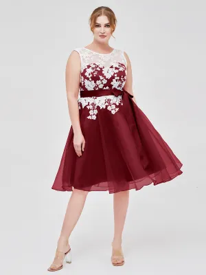 Illusion Neck Organza with Ivory Lace Appliqued Burgundy Plus Size