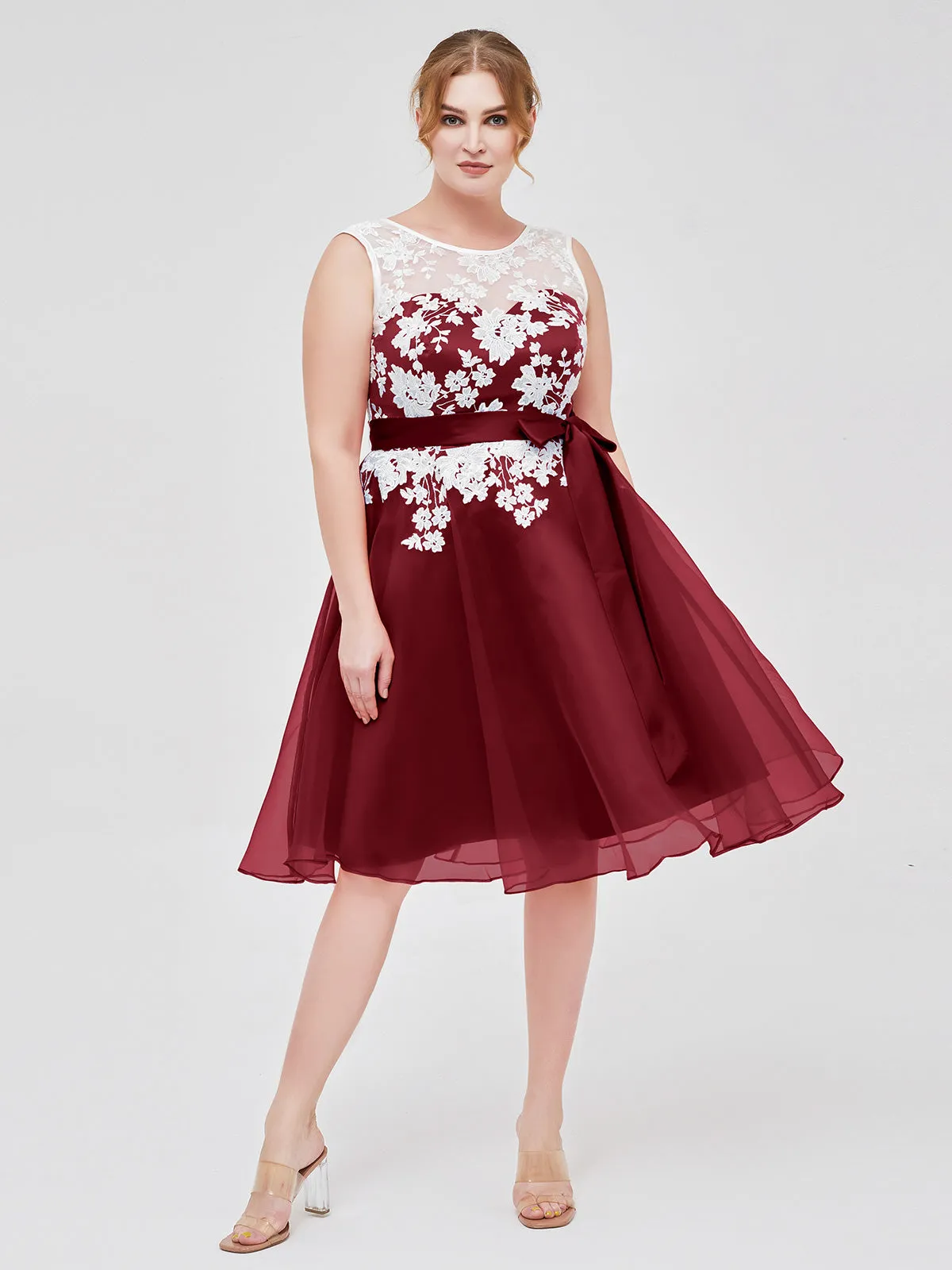 Illusion Neck Organza with Ivory Lace Appliqued Burgundy Plus Size