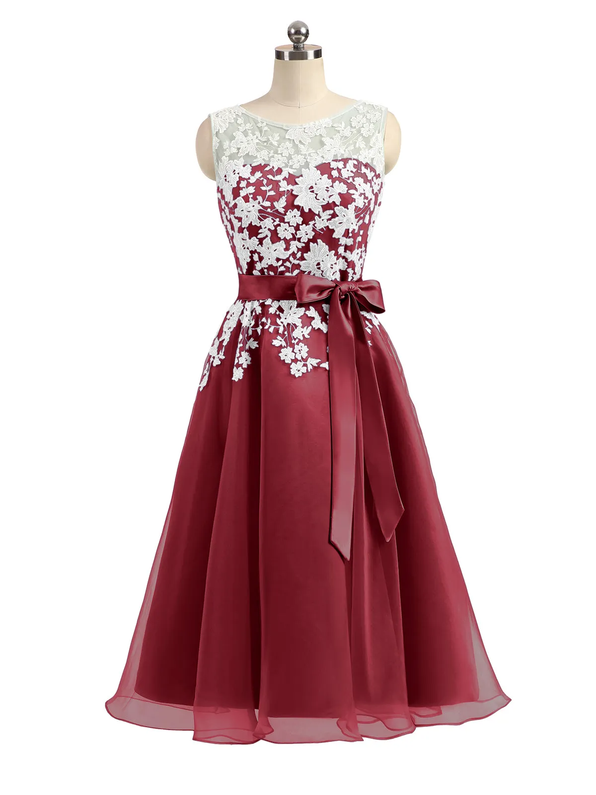 Illusion Neck Organza with Ivory Lace Appliqued Burgundy Plus Size