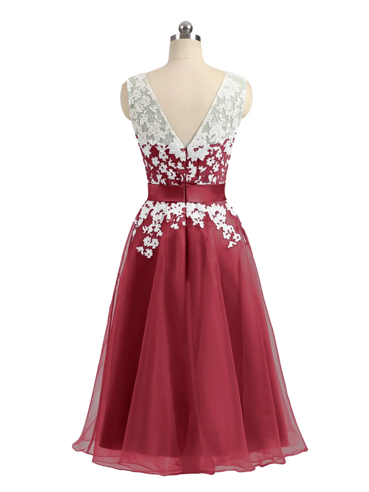 Illusion Neck Organza with Ivory Lace Appliqued Burgundy Plus Size